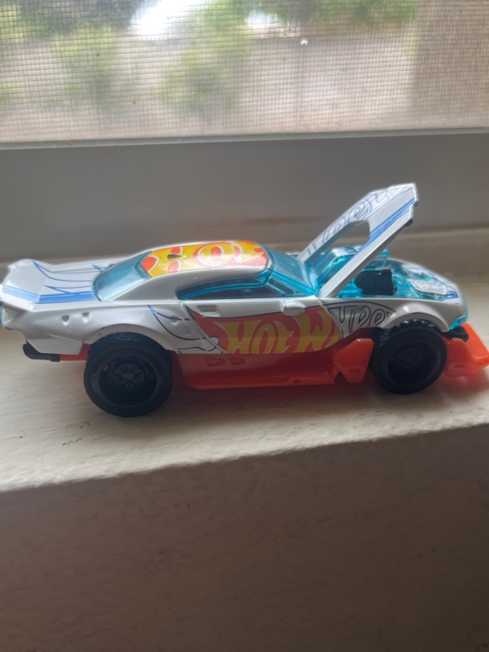 Target Hot Wheels Style White & Blue Sports Car with Orange Base
